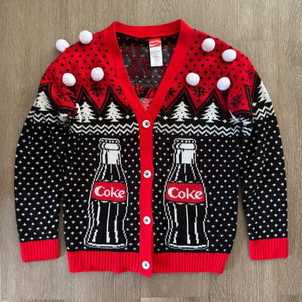 Coca-Cola Cardigan Sweater Womens XS Red Black Polar Bear Ugly Christmas Pom Pom
